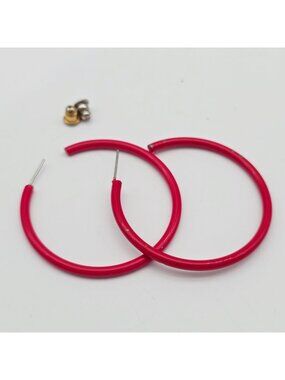 Red Enamel Hoop Earrings With Mixed Backings Lightweight Design 1.75"